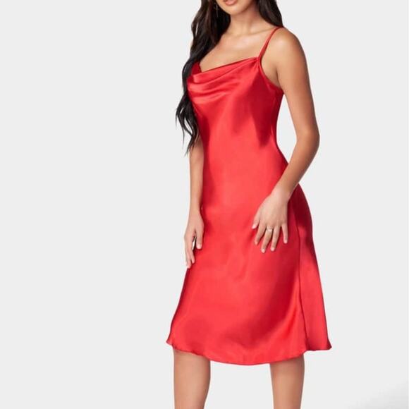 Bebe Red Satin Cowl Neck Spaghetti Strap Midi Slip Dress Small - Picture 1 of 8
